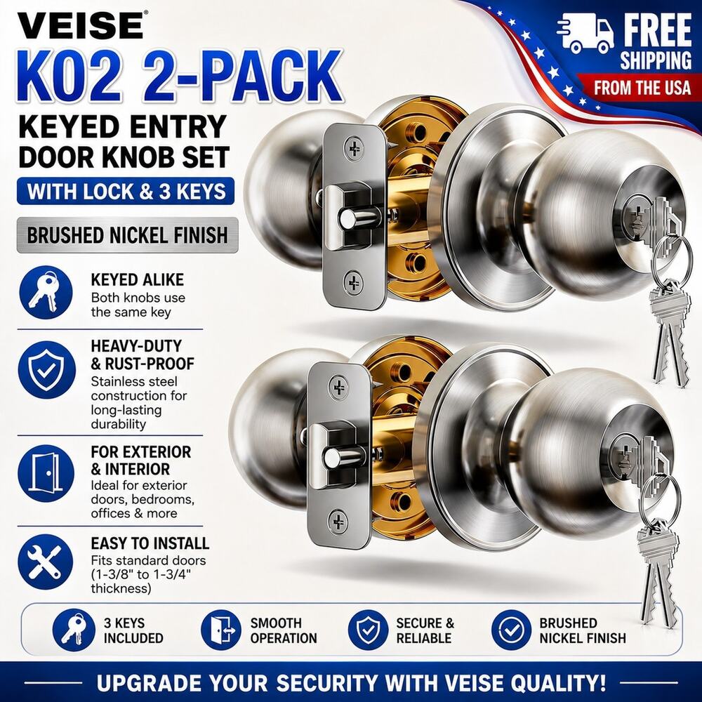 2 Pack Keyed Entry Door Knob Set, All Keyed Same Exterior and Interior Stainless